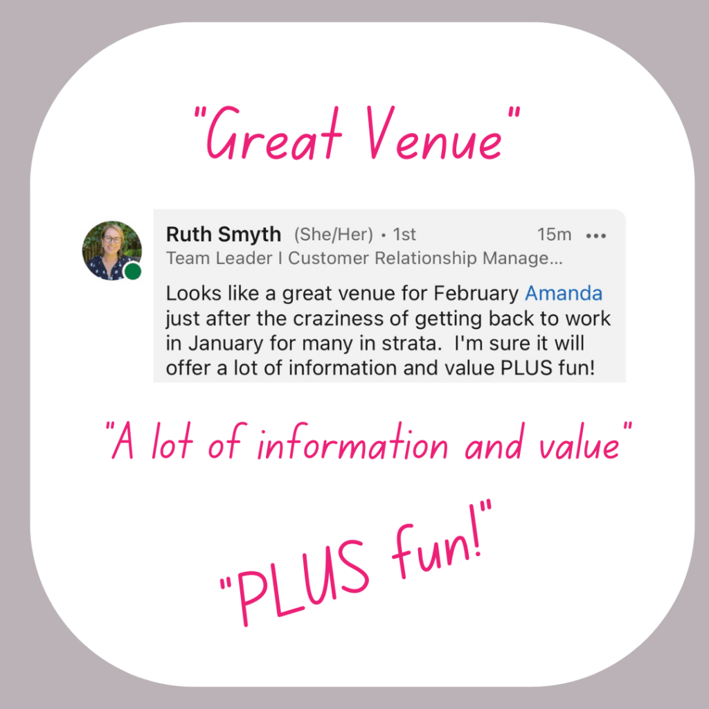 LinkedIn post from Ruth "great venue"